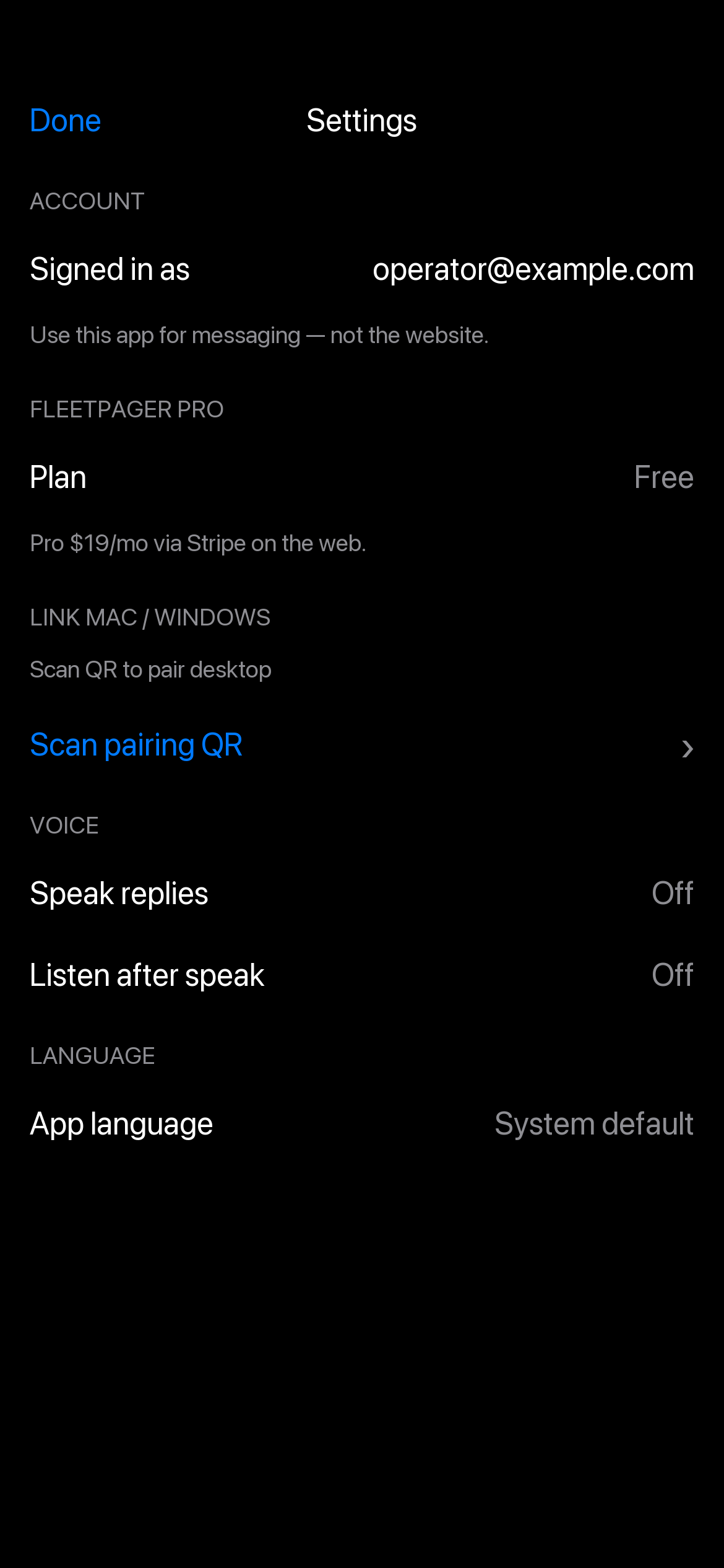 Settings with voice, fleet key, and billing
